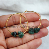 Natural Raw Emerald Earring, 14K Gold Plated Earring, Round Earring, Loop Earring, May Birthstone, Sold By Pair
